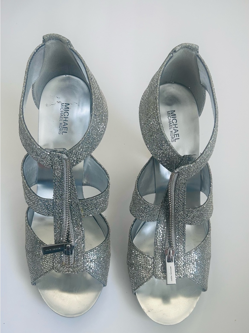 MICHAEL Michael Kors Silver Glitter T-Strap Heels